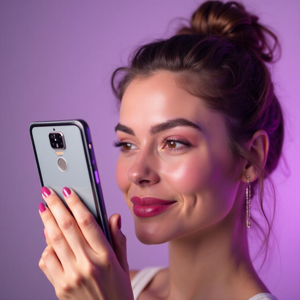 Woman using virtual makeup try-on on smartphone